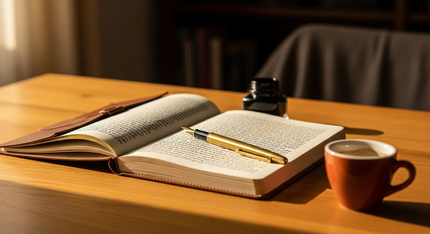 Un quaderno aperto con pagine scritte a mano, una penna a piuma, una tazzina di caffè, luce calda